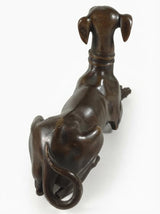 Bronze Greyhound Sculpture, Recumbent Whippet Dog Figurine with Collar, Dark Patina — European