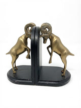 Vintage Brass Ram Bookends, Pair of Fighting Bighorn Sheep on Black Wood Bases, Mid-Century