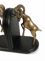 Vintage Brass Ram Bookends, Pair of Fighting Bighorn Sheep on Black Wood Bases, Mid-Century