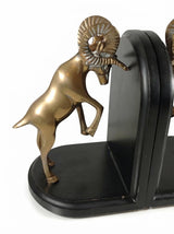 Vintage Brass Ram Bookends, Pair of Fighting Bighorn Sheep on Black Wood Bases, Mid-Century