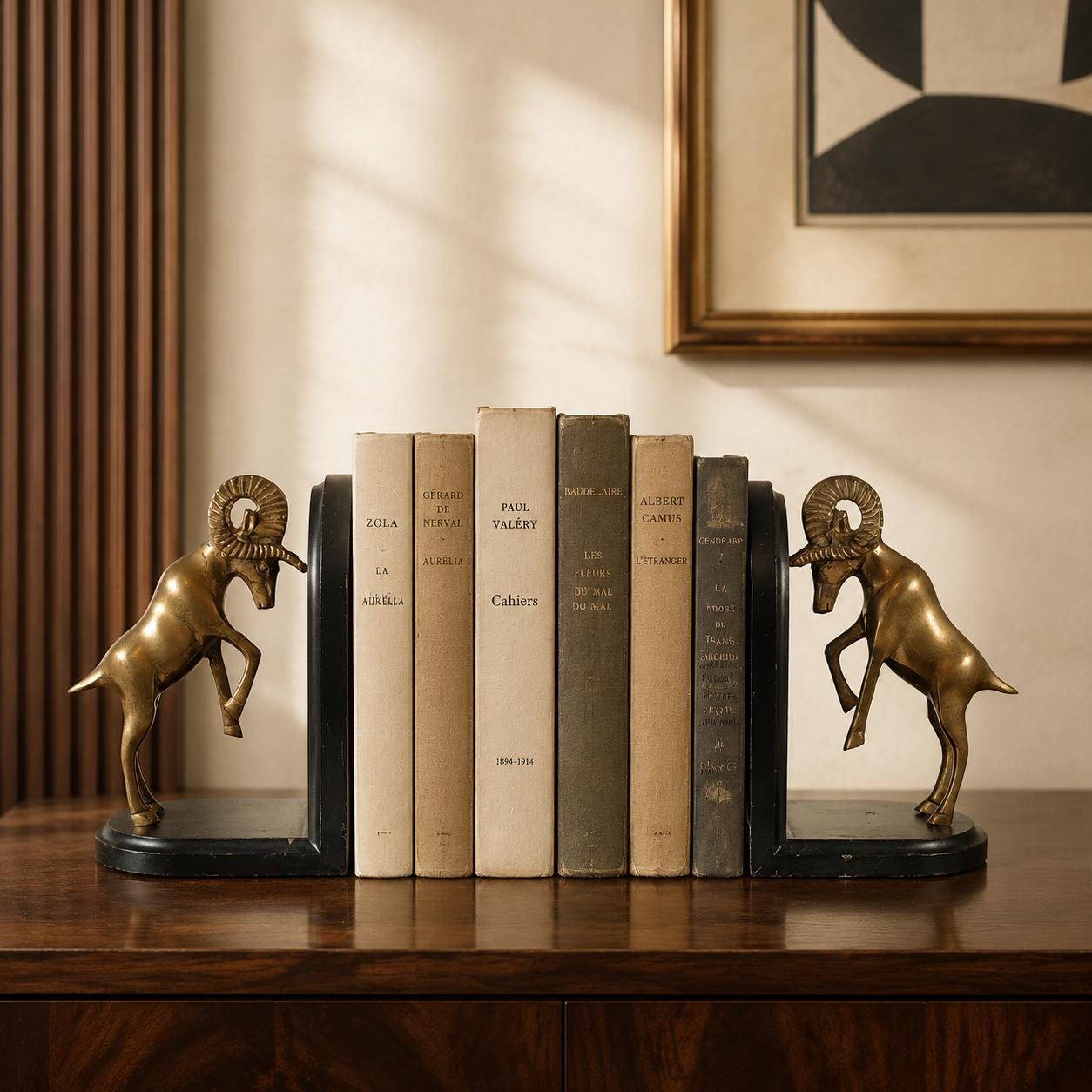 Vintage Brass Ram Bookends, Pair of Fighting Bighorn Sheep on Black Wood Bases, Mid-Century