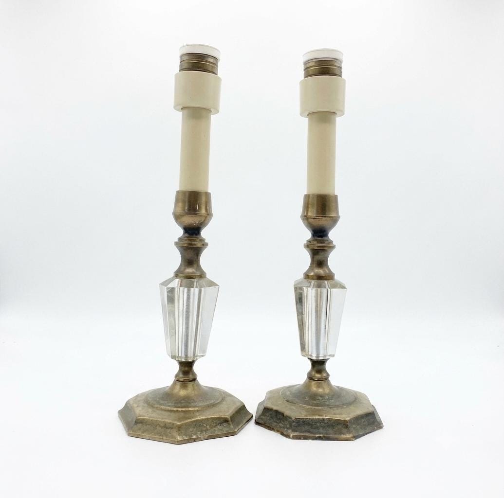 Pair of Vintage Boudoir Table Lamps, Cut Glass & Brass Accents