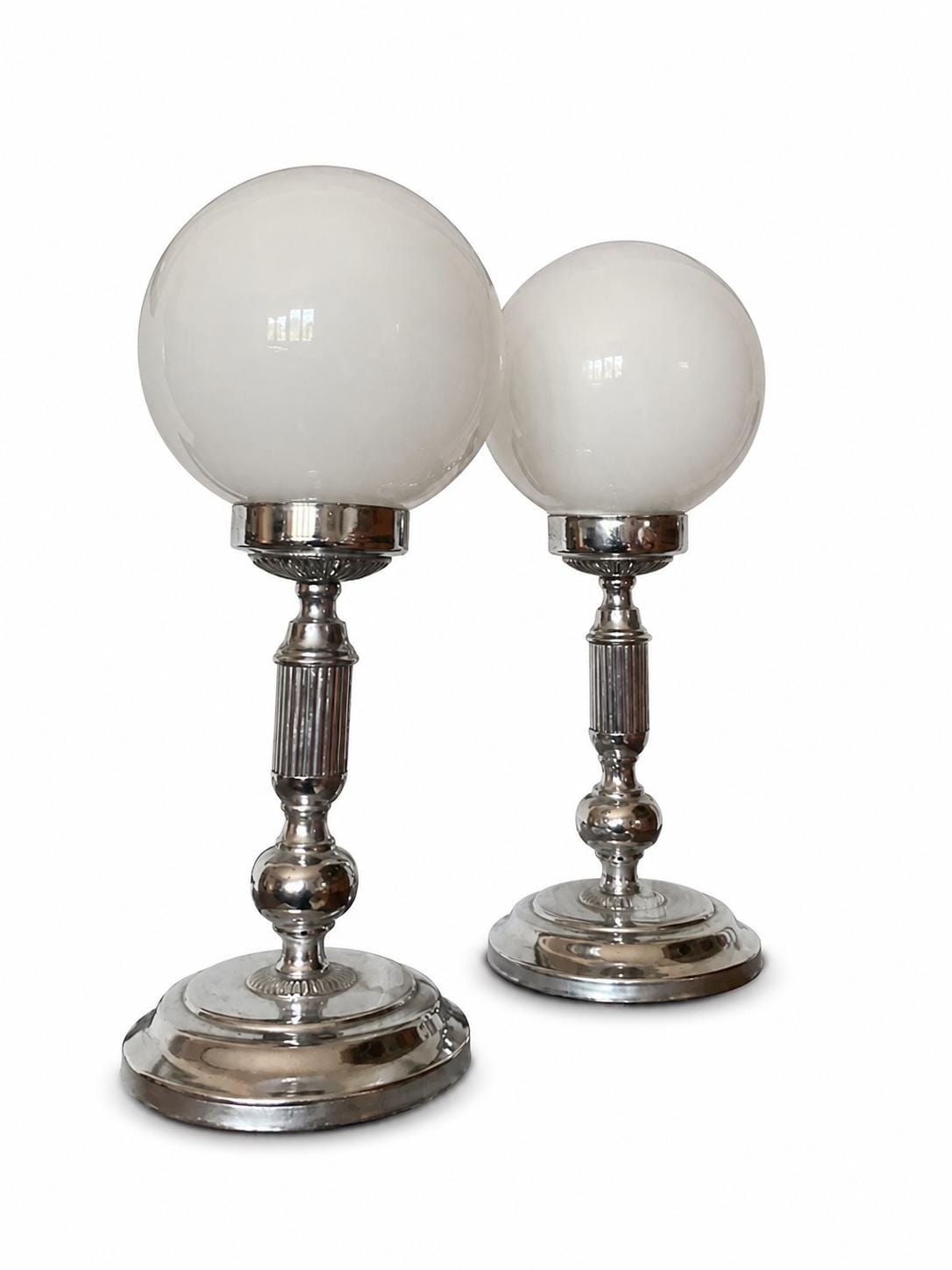 Pair of Vintage Chrome Table Lamps, Round Opaline Glass Globe Shades