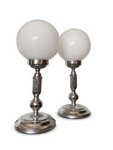 Pair of Vintage Chrome Table Lamps, Round Opaline Glass Globe Shades
