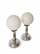 Pair of Vintage Chrome Table Lamps, Round Opaline Glass Globe Shades