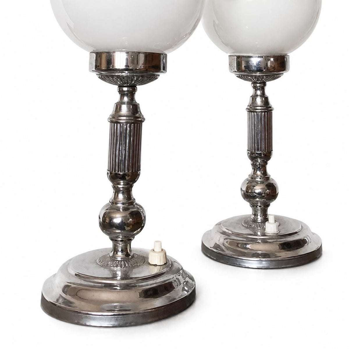 Pair of Vintage Chrome Table Lamps, Round Opaline Glass Globe Shades