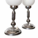 Pair of Vintage Chrome Table Lamps, Round Opaline Glass Globe Shades