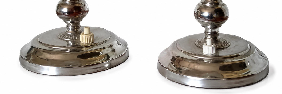 Pair of Vintage Chrome Table Lamps, Round Opaline Glass Globe Shades