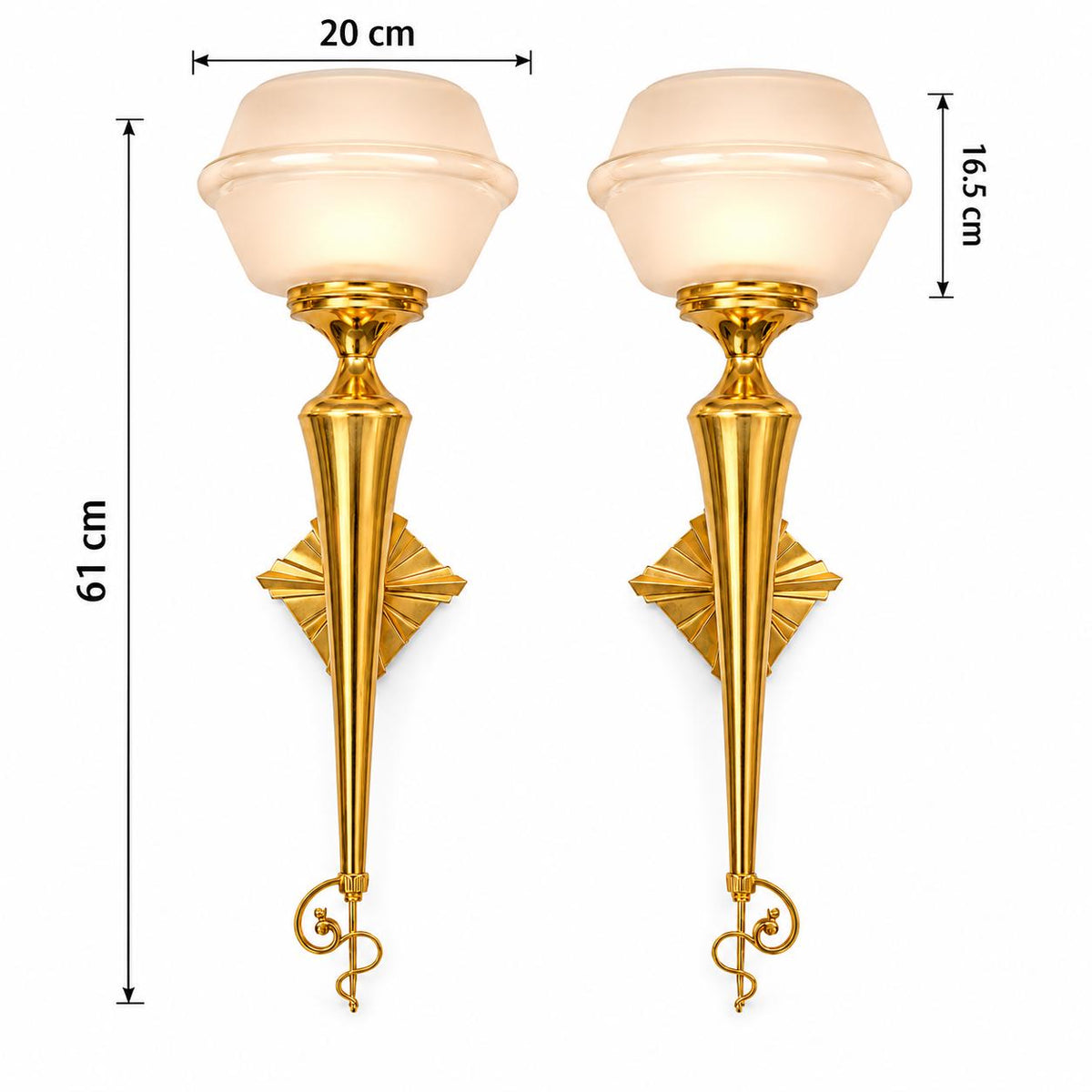 Pair of Vintage Brass Torch-Style Wall Sconces, Frosted Glass Globe Shades