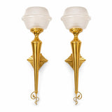 Pair of Vintage Brass Torch-Style Wall Sconces, Frosted Glass Globe Shades