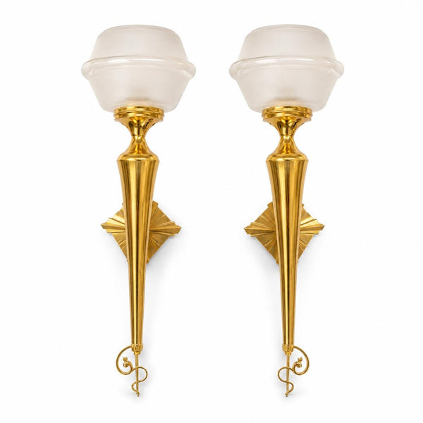 Pair of Vintage Brass Torch-Style Wall Sconces, Frosted Glass Globe Shades