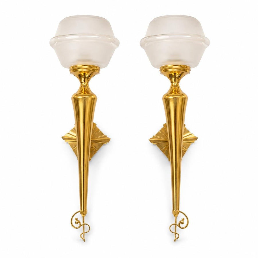 Pair of Vintage Brass Torch-Style Wall Sconces, Frosted Glass Globe Shades