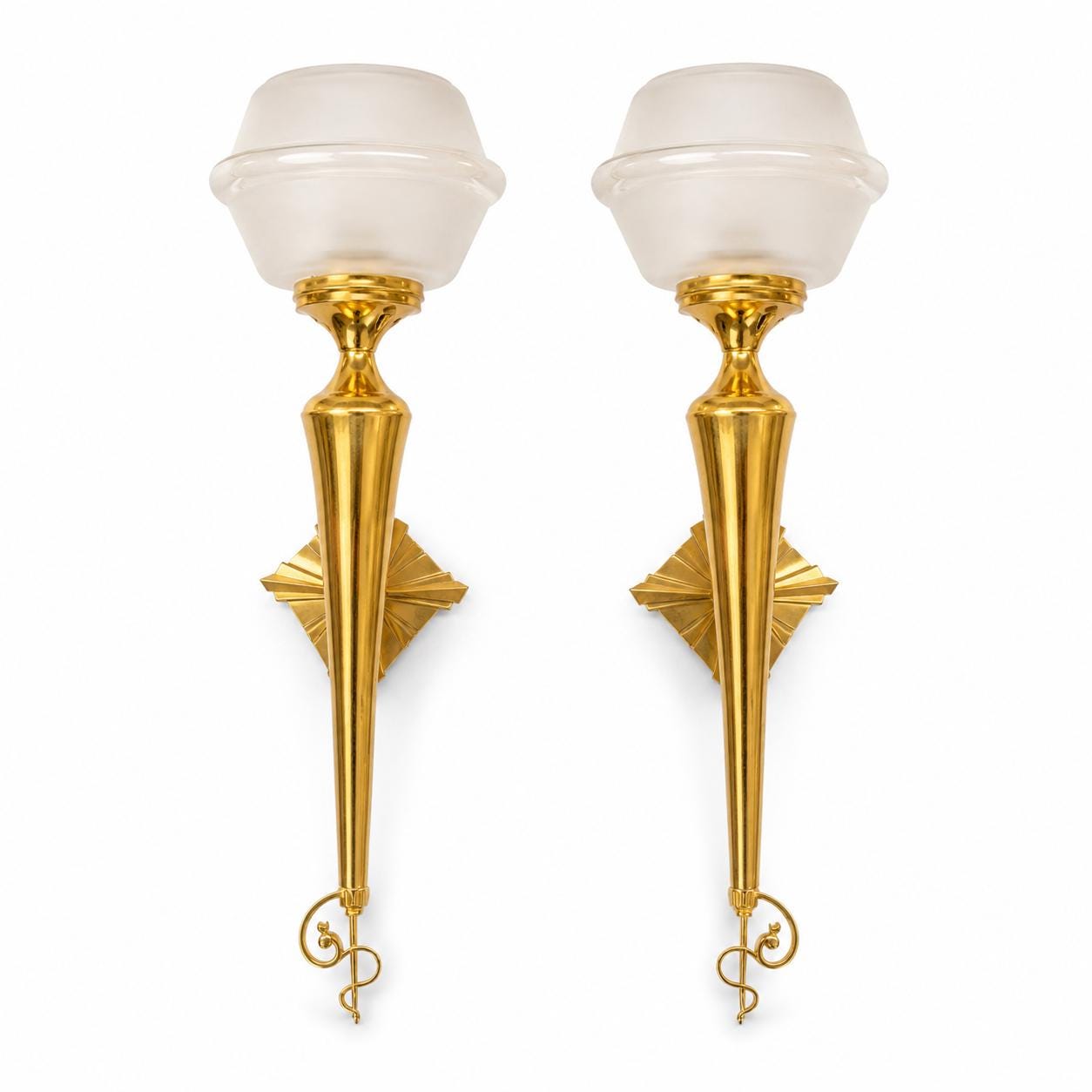 Pair of Vintage Brass Torch-Style Wall Sconces, Frosted Glass Globe Shades
