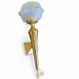 Pair of Vintage Brass Torch-Style Wall Sconces, Frosted Glass Globe Shades