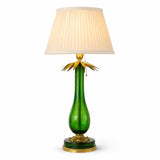 Vintage Emerald Green Blown Glass Table Lamp, Brass Leaf Accents, Marked C.B. 1299