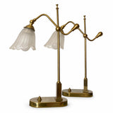 Pair of Vintage Brass Table Lamps, Art Nouveau Style, Frosted Glass Flower Shades