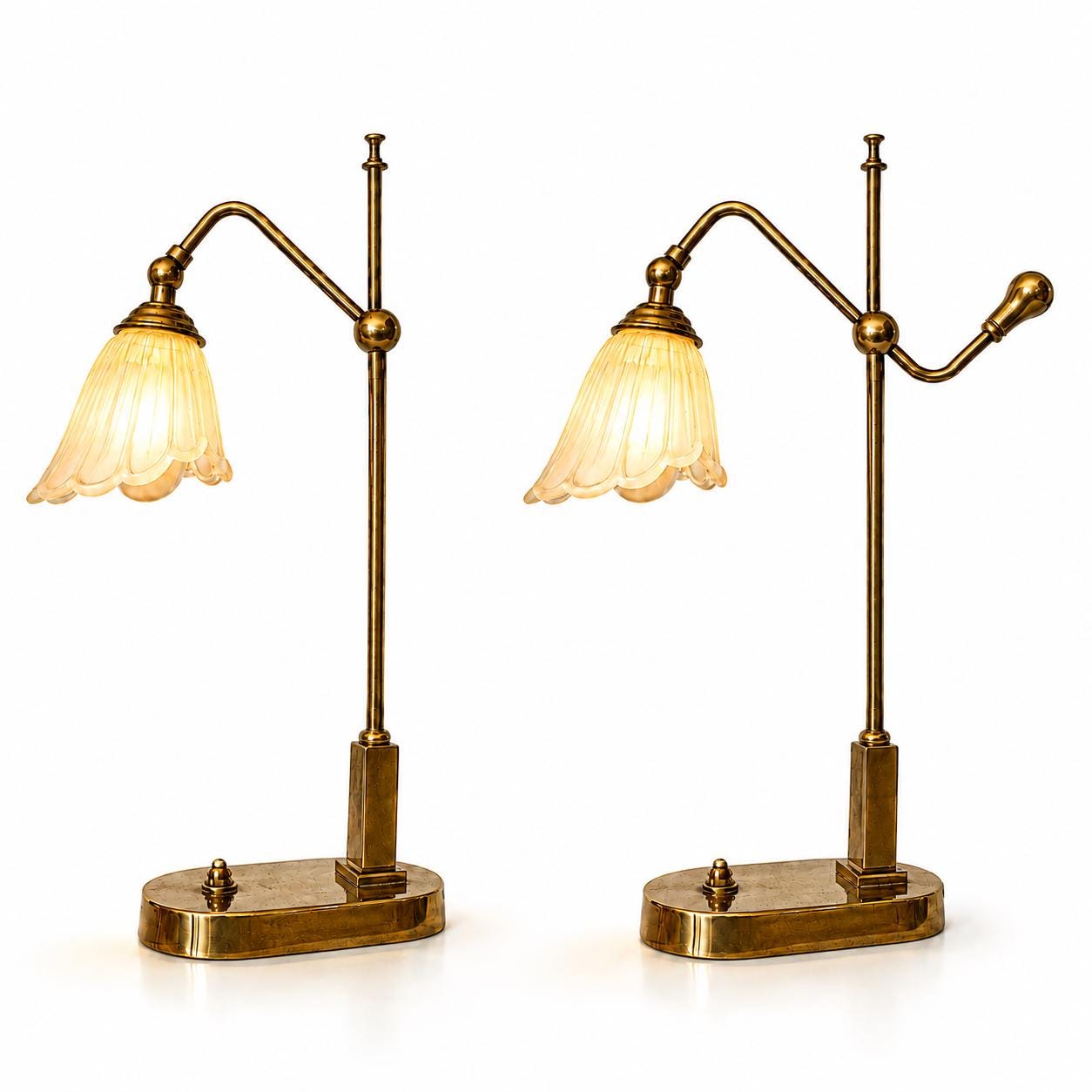 Pair of Vintage Brass Table Lamps, Art Nouveau Style, Frosted Glass Flower Shades