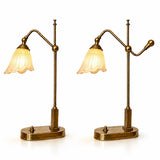 Pair of Vintage Brass Table Lamps, Art Nouveau Style, Frosted Glass Flower Shades