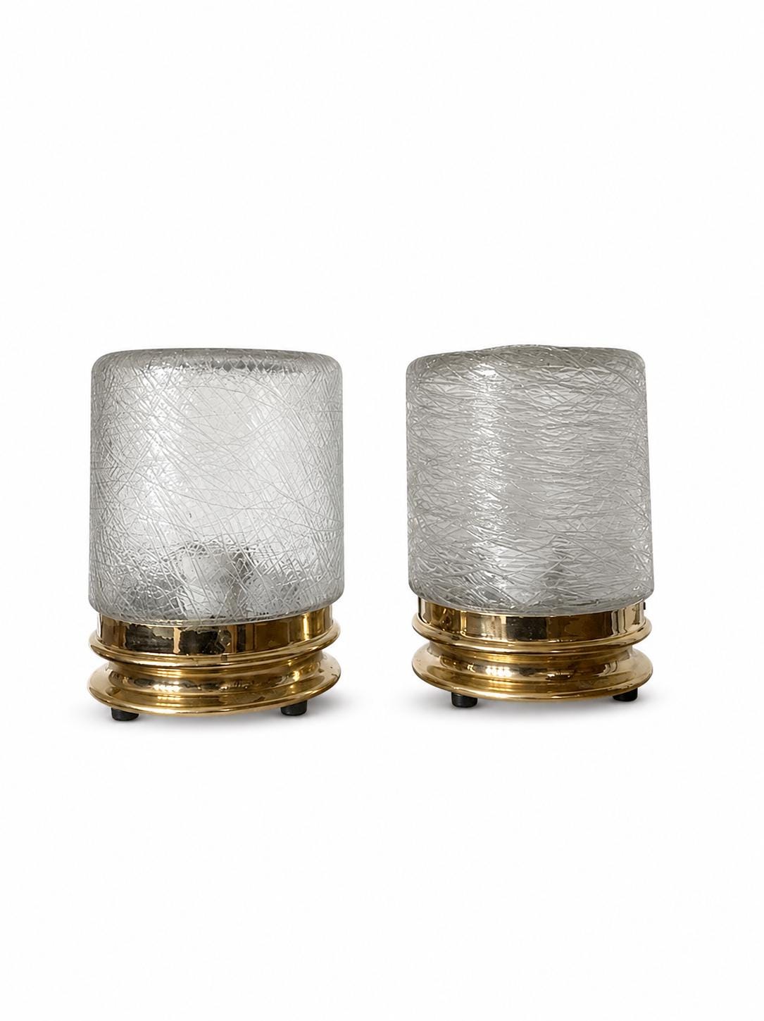 Vintage Glass Table Lamps Pair, Textured Spun Glass Shades on Brass Bases — European, 1960s–70s