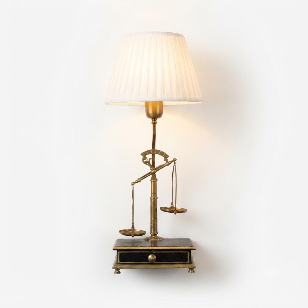 Vintage Brass Scale Lamp, Libra Balance Motif, Drawer Base, Pleated Shade, 1950s