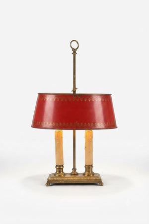 Vintage Brass Bouillotte Table Lamp, Red Tole Shade — French Style, circa 1950s