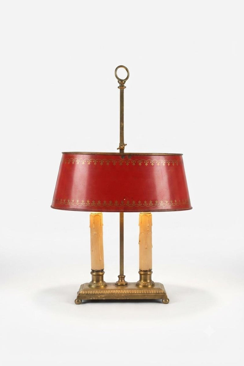 Vintage Brass Bouillotte Table Lamp, Red Tole Shade — French Style, circa 1950s