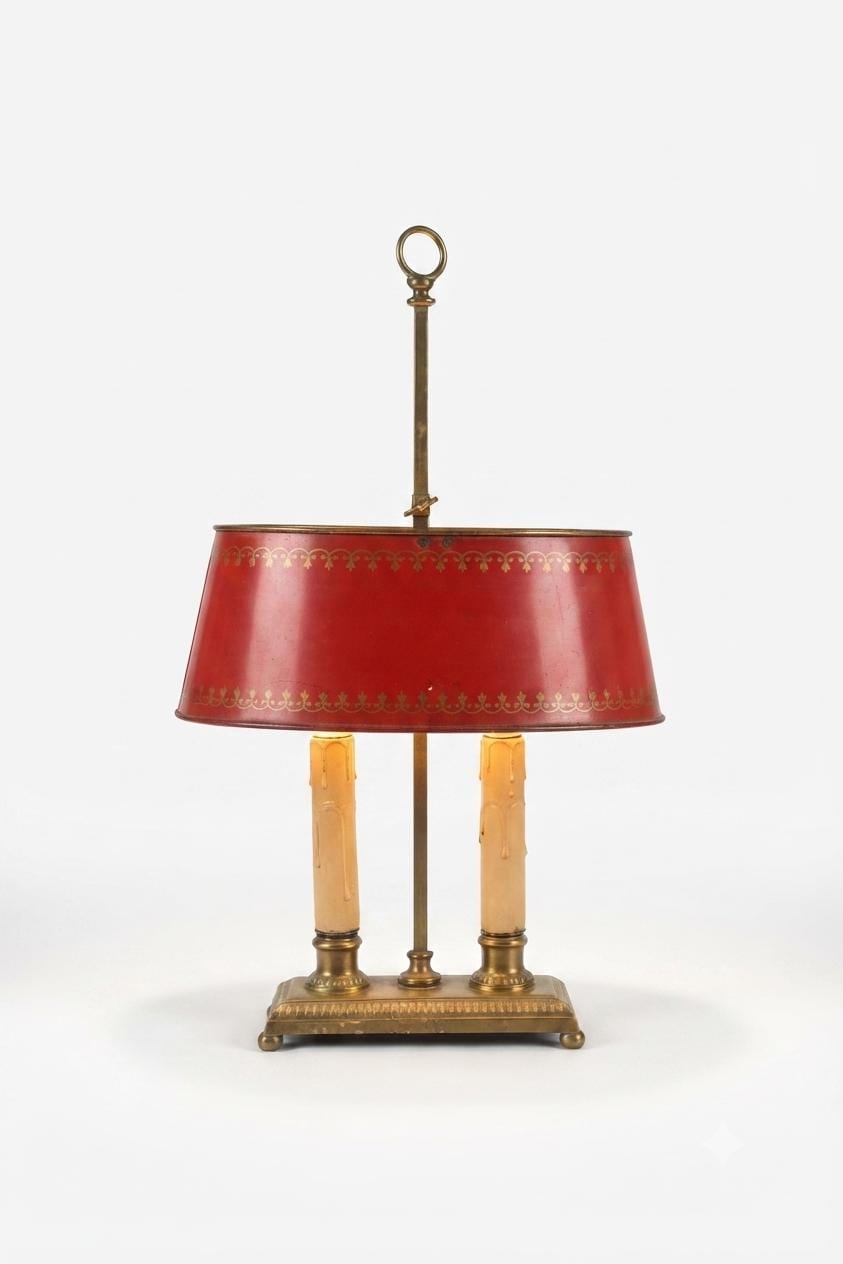 Vintage Brass Bouillotte Table Lamp, Red Tole Shade — French Style, circa 1950s
