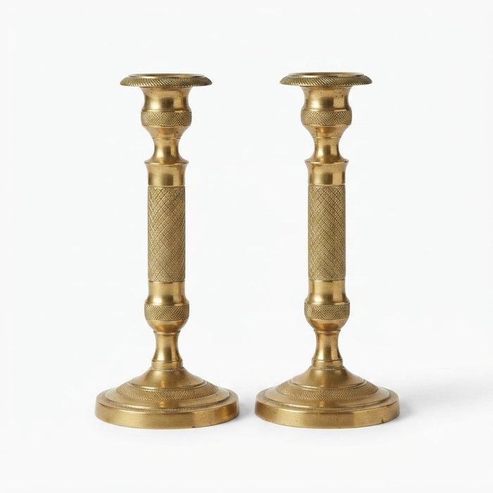 Antique Bronze Candlestick Pair, Crisscross Diamond Texture — French, Circa 1910s