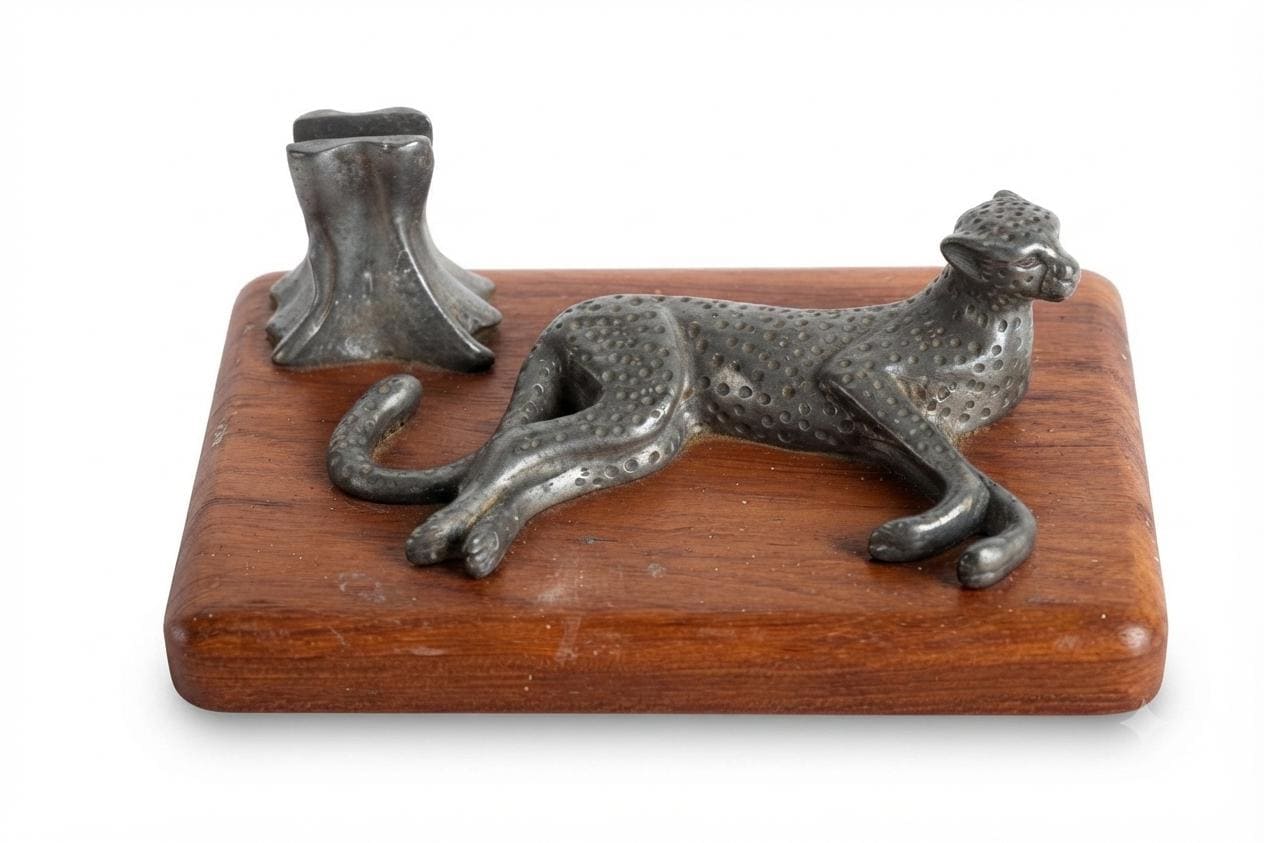 Vintage Leopard Pen Holder, Cast Metal Safari Desk Organizer, Wood Base