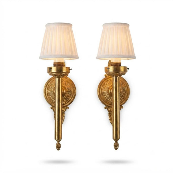 Vintage Solid Brass Wall Sconces, Ornate Rosette Backplate, Pineapple Finial, Pair