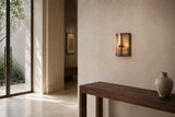 Antique Curved Glass Wall Lamp, Brass Fretwork Vitrine Sconce with fabric Garden Scene, Twin Candle-Form Lights