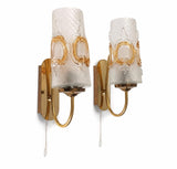 Vintage Wall Sconces Pair, Frosted Pressed Glass and Brass, Amber Detail — German, 1960s, Groewe Attributed