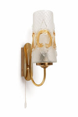 Vintage Wall Sconces Pair, Frosted Pressed Glass and Brass, Amber Detail — German, 1960s, Groewe Attributed