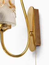 Vintage Wall Sconces Pair, Frosted Pressed Glass and Brass, Amber Detail — German, 1960s, Groewe Attributed