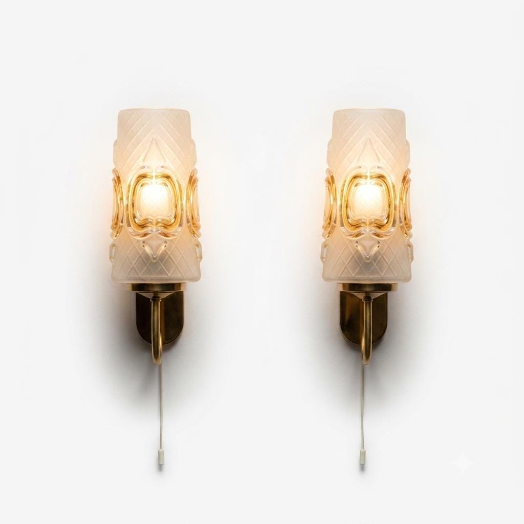 Vintage Wall Sconces Pair, Frosted Pressed Glass and Brass, Amber Detail — German, 1960s, Groewe Attributed
