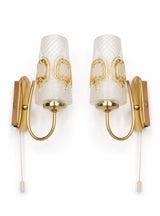 Vintage Wall Sconces Pair, Frosted Pressed Glass and Brass, Amber Detail — German, 1960s, Groewe Attributed