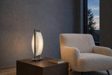 Vintage Chrome and Frosted Glass Table Lamp, Curved Oval Glass Panel Lamp with Walnut Accents, Mid-Century Modern Design