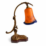 Antique Style Desk Lamp, gilt bronze and Red Marble, Signed Mottled Glass Tulip Shade — French, Reims
