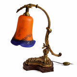 Antique Style Desk Lamp, gilt bronze and Red Marble, Signed Mottled Glass Tulip Shade — French, Reims