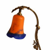 Antique Style Desk Lamp, gilt bronze and Red Marble, Signed Mottled Glass Tulip Shade — French, Reims