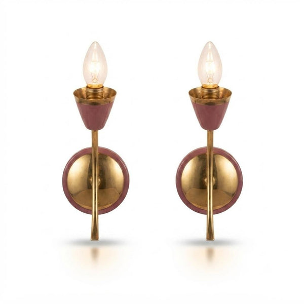 Vintage Wall Sconces Pair, Brass and Purple Lacquered Metal Tulip Wall Lights — 1960s–70s
