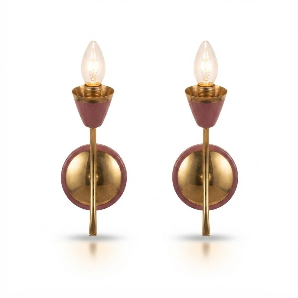 Vintage Wall Sconces Pair, Brass and Purple Lacquered Metal Tulip Wall Lights — 1960s–70s