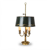 Vintage Brass Bouillotte Lamp, Three-Arm Candelabra Base with Green Tole Shade, French Style Table Lamp