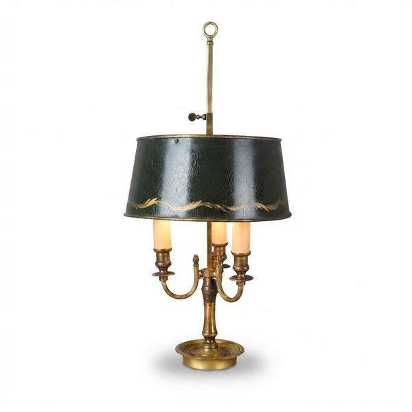 Vintage Brass Bouillotte Lamp, Three-Arm Candelabra Base with Green Tole Shade, French Style Table Lamp