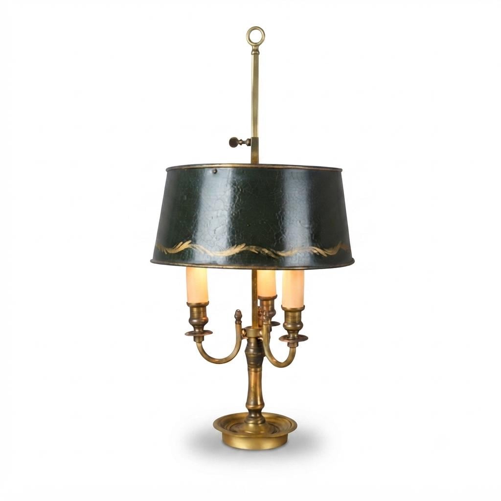 Vintage Brass Bouillotte Lamp, Three-Arm Candelabra Base with Green Tole Shade, French Style Table Lamp