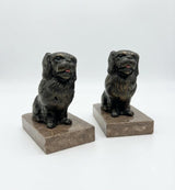 Pair of Spelter Dog Bookends, Pekingese or Tibetan Spaniel Figures on Marble Bases, Vintage Régule Bookends