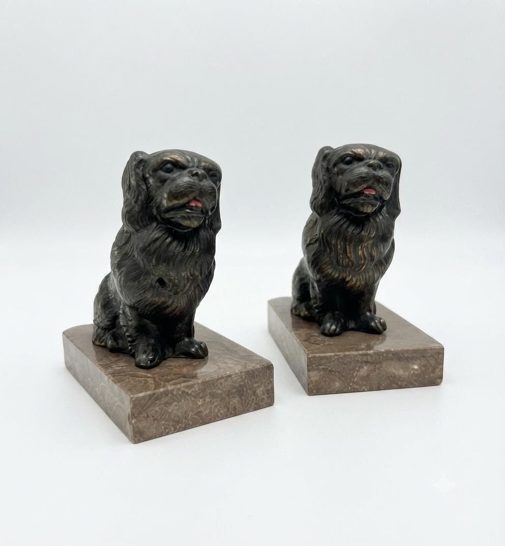 Pair of Spelter Dog Bookends, Pekingese or Tibetan Spaniel Figures on Marble Bases, Vintage Régule Bookends