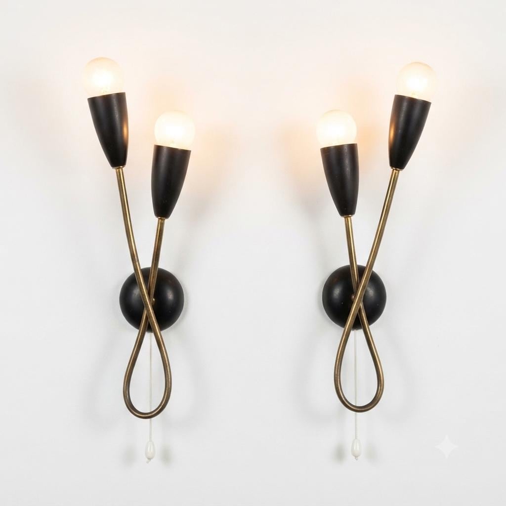 Pair of Mid-Century Atomic Sputnik Wall Sconces, Brass Loop Sconces with Black Cone Shades, Space Age Style