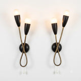 Pair of Mid-Century Atomic Sputnik Wall Sconces, Brass Loop Sconces with Black Cone Shades, Space Age Style