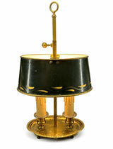 Antique Brass Bouillotte Lamp, Oval Base Two-Light Lamp with Black Tole Shade and Ring Finial